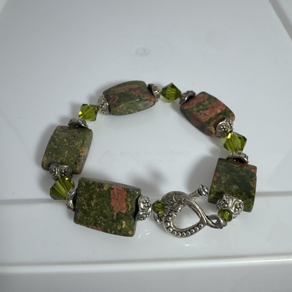 Unakite And Green Crystal Beaded Bracelet Silver Tone Heart‎ Toggle Clasp 7"